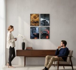 High-definition automotive wall frames displayed in a modern living room