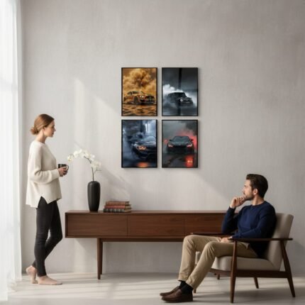 High-definition automotive wall frames displayed in a modern living room