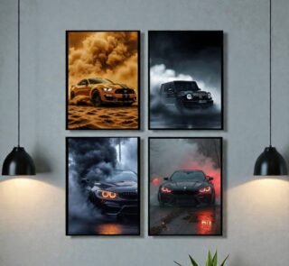 Pack of 4 car wall art frames by ShehzadaDecor featuring luxury sports cars.