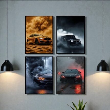 Pack of 4 car wall art frames by ShehzadaDecor featuring luxury sports cars.
