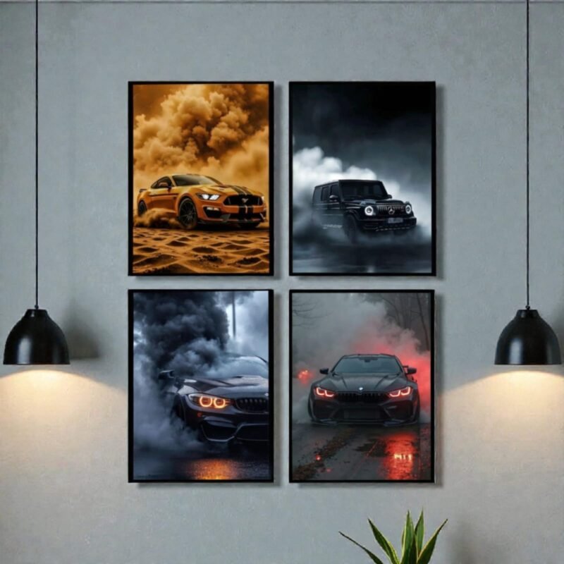 Pack of 4 car wall art frames by ShehzadaDecor featuring luxury sports cars.