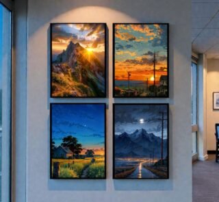 Set of 4 aesthetic nature landscape wall art frames on a modern living room wall