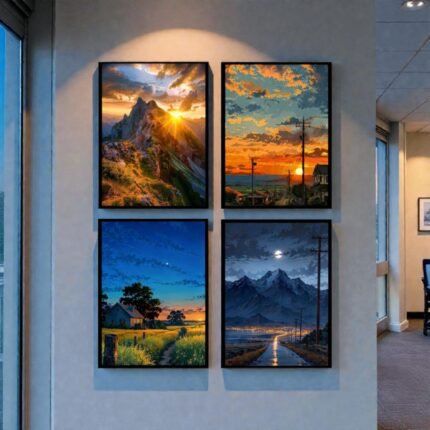 Set of 4 aesthetic nature landscape wall art frames on a modern living room wall
