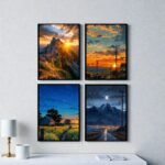 High-definition close-up of mountain sunrise wall frame with acrylic glass finish.