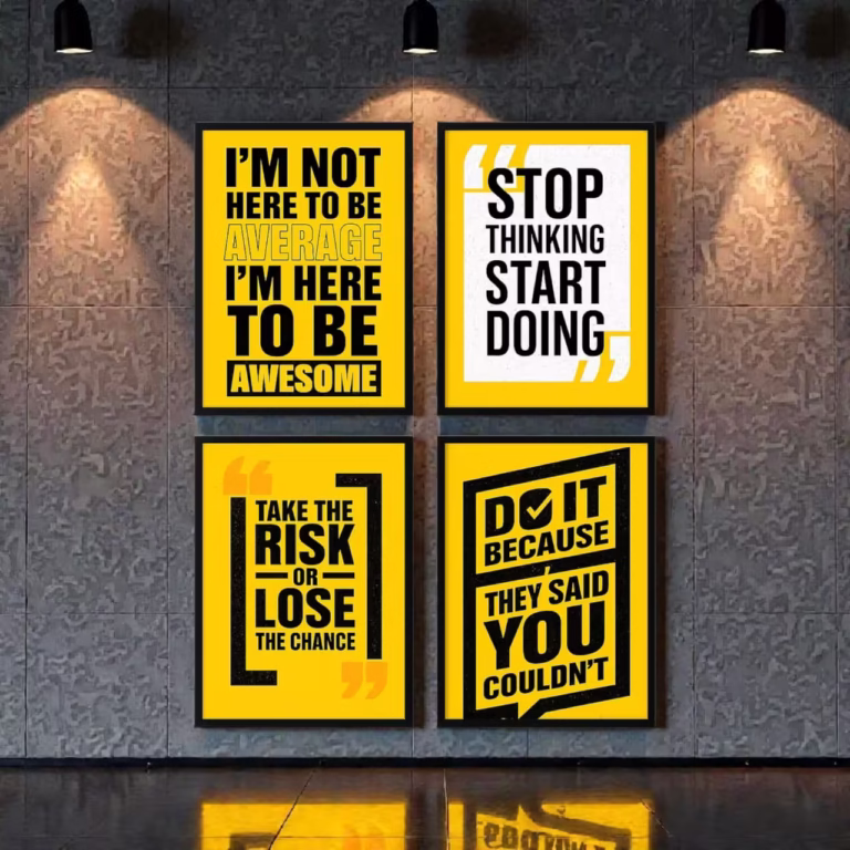 Pack of 4 motivational wall frames displayed in a modern living room by ShehzadaDecor