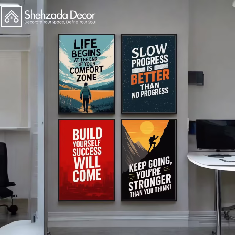 Pack of 4 motivational frames displayed on living room wall by ShehzadaDecor
