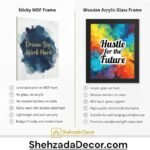 comparison of sticky MDF wall frames and wooden glass wall frames for motivational wall décor