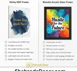 comparison of sticky MDF wall frames and wooden glass wall frames for motivational wall décor