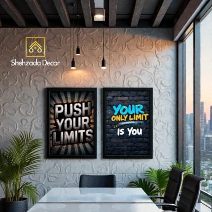 Motivational wall frames pack of 2 displayed in a modern office workspace