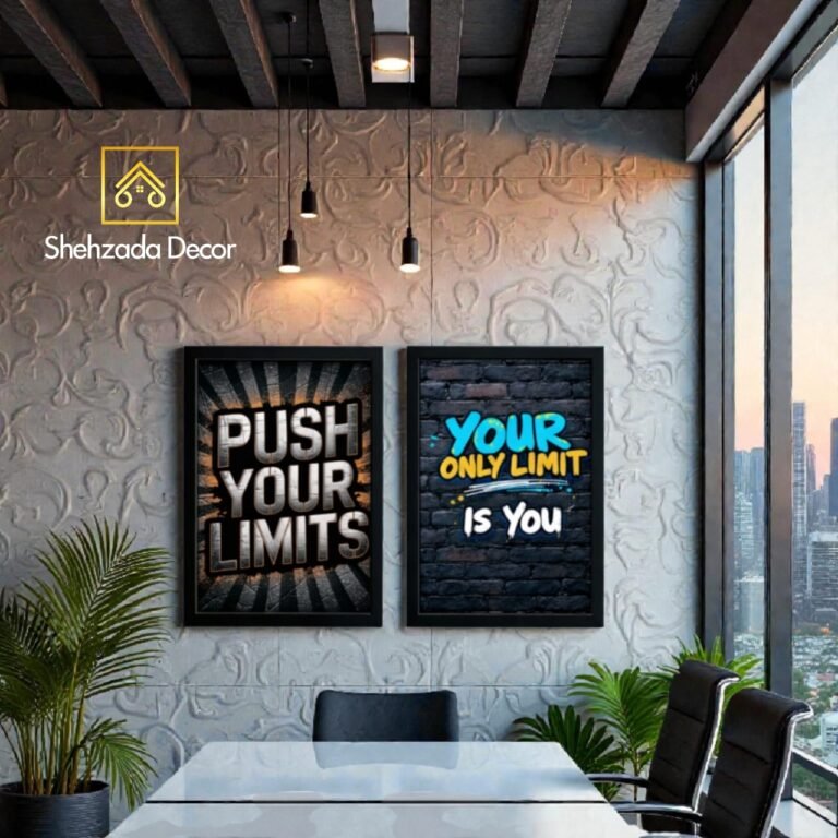 Motivational wall frames pack of 2 displayed in a modern office workspace