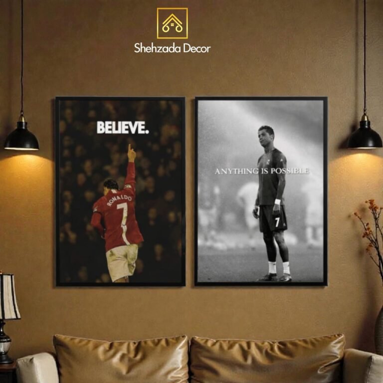Motivational Wall Frame featuring Cristiano Ronaldo “BELIEVE” quote, inspirational football wall decor, MDF and Wooden Glass frame in Pakistan
