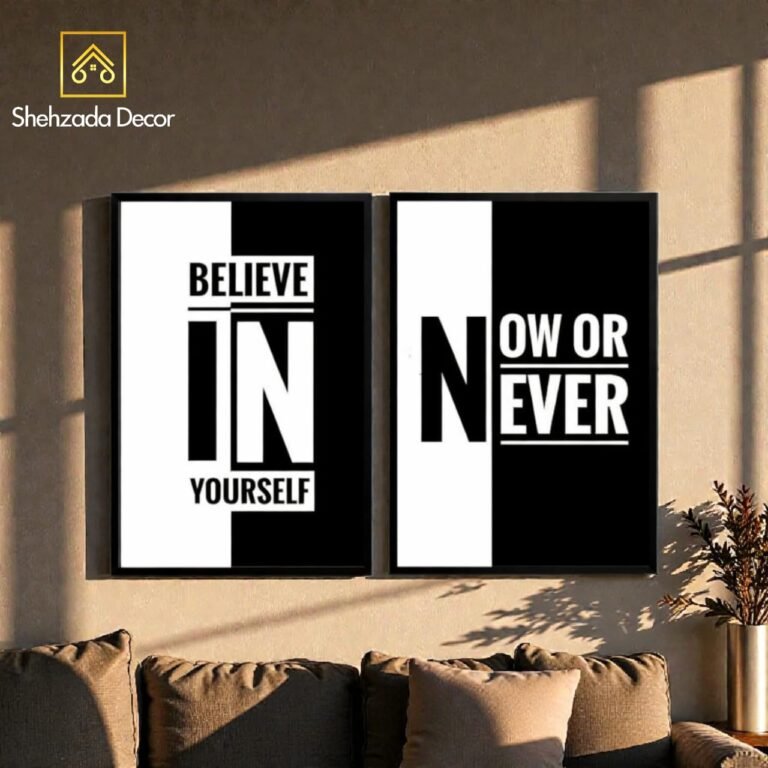 Close-up view of ShehzadaDecor wooden glass motivational frame showing acrylic glass front protection and premium wooden side borders with high-quality print