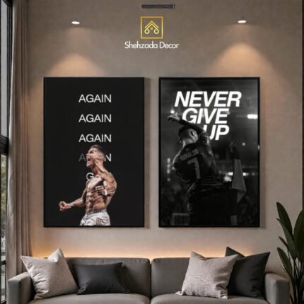 Ronaldo motivational frames displaying "Never Give Up" quote on modern bedroom wall with premium wooden glass variant