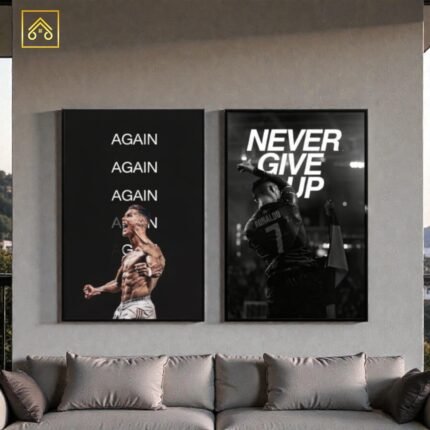 Detailed closeup of ShehzadaDecor Ronaldo Wooden Glass frame showing premium acrylic front, wooden borders, and "Never Give Up" motivational quote