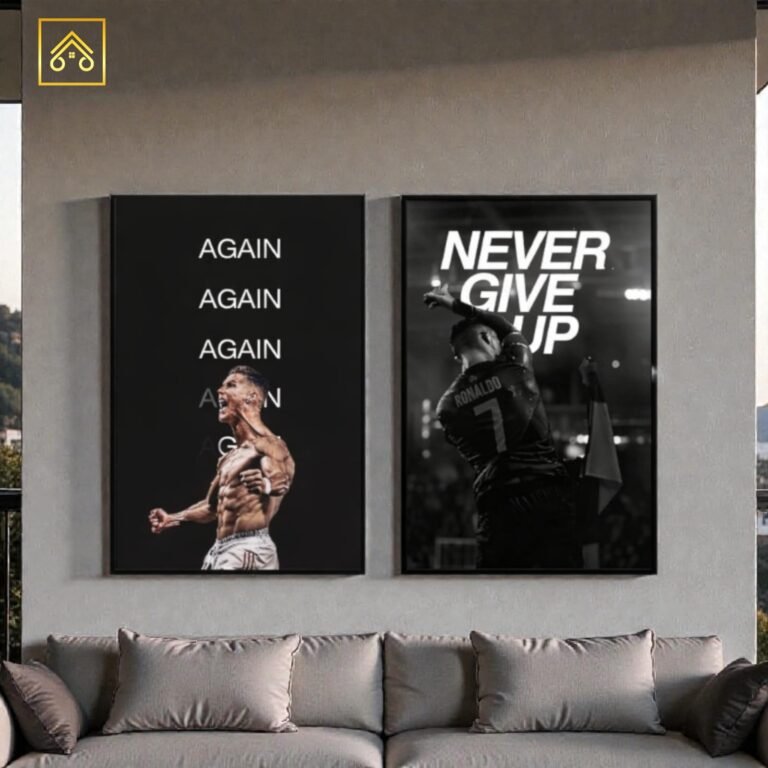 Detailed closeup of ShehzadaDecor Ronaldo Wooden Glass frame showing premium acrylic front, wooden borders, and "Never Give Up" motivational quote