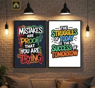 Pack of 2 motivational photo frames from ShehzadaDecor displayed on living room wall above sofa with inspirational quotes and family photos