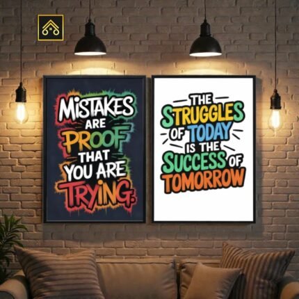 Pack of 2 motivational photo frames from ShehzadaDecor displayed on living room wall above sofa with inspirational quotes and family photos