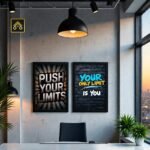 Close-up detail of ShehzadaDecor's Wooden Glass motivational frame showing acrylic glass front (1.5mm–2mm), premium wooden borders on sides, and black PVC edge finishing with visible frame depth