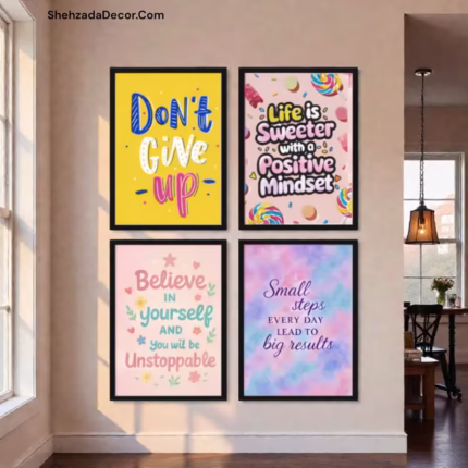 ShehzadaDecor Pack of 4 Motivational Frames displayed in a modern living room wall