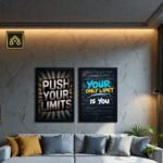 ShehzadaDecor motivational frames pack of 2 displayed symmetrically on a living room wall above a neutral sofa, showcasing the premium Wooden Glass variant with acrylic glass front in 6×8 inch size