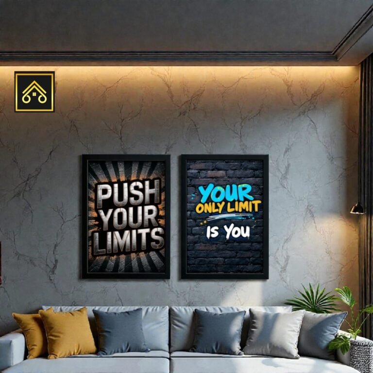 ShehzadaDecor motivational frames pack of 2 displayed symmetrically on a living room wall above a neutral sofa, showcasing the premium Wooden Glass variant with acrylic glass front in 6×8 inch size