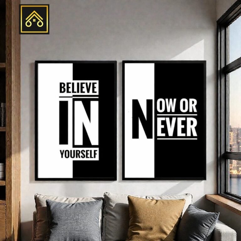 Sticky MDF motivational frame being installed on wall using double-sided adhesive tape, showing easy rental-friendly installation process with no tools required