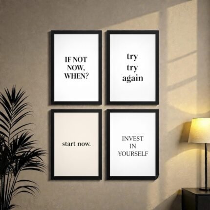 Motvational wooden glass photo frames displayed on living room wall showing premium interior styling with motivational quotes