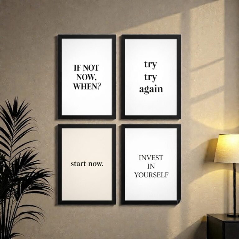 Motvational wooden glass photo frames displayed on living room wall showing premium interior styling with motivational quotes