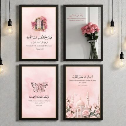 Detailed closeup of ShehzadaDecor's premium wooden frame construction showing premium acrylic glass clarity, black PVC border detail, and MDF back construction with mounting hardware visible.