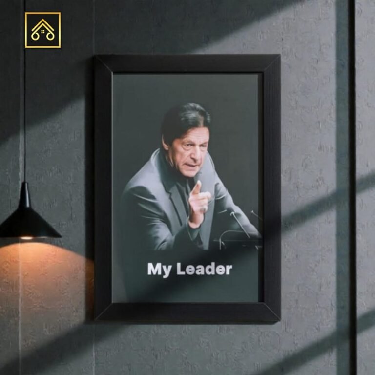 Imran Khan My Leader wooden glass photo frame displayed on living room wall above sofa with ShehzadaDecor premium finish