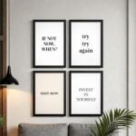 : Gallery wall arrangement of multiple ShehzadaDecor motvational wooden glass frames in different sizes creating modern home décor display