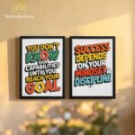Modern office wall art with the quote "Success Depends on Your Mindset & Discipline" in bold yellow and orange typography by Shehzada Decor.