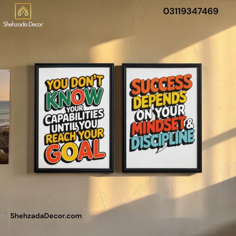 Pack of 2 motivational wall frames for office and study room decor in Pakistan featuring success mindset and goal quotes by Shehzada Decor.