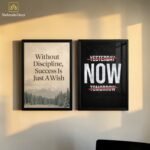 Set of 2 motivational wall frames for office decor in Pakistan featuring Discipline and Now quotes by Shehzada Decor.