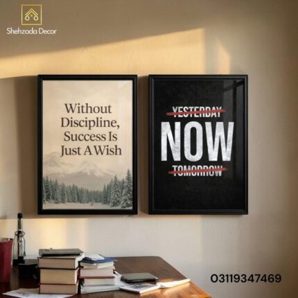 Motivational wall frame with the quote "Without Discipline, Success Is Just A Wish" against a mountain forest background by Shehzada Decor.