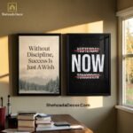 Modern action-oriented wall art frame featuring the word "NOW" with Yesterday and Tomorrow crossed out on a black background by Shehzada Decor.