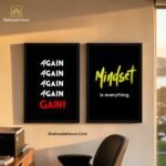 Aesthetic black frame with Mindset is Everything in yellow script typography for modern office and room decoration by Shehzada Decor.
