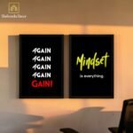 Pack of 2 motivational wall frames featuring Again Again Gain and Mindset is Everything quotes for home office and gym decor in Pakistan.