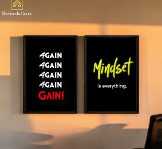 Pack of 2 motivational wall frames featuring Again Again Gain and Mindset is Everything quotes for home office and gym decor in Pakistan.