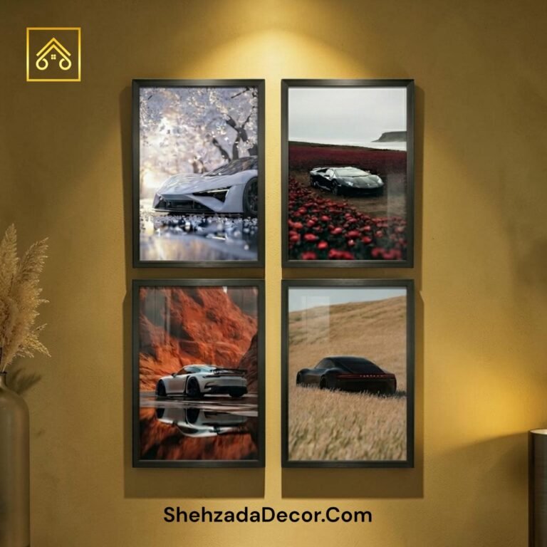Luxury sports car premium wooden glass wall frames pack of 4 for bedroom office and gaming room wall decor
