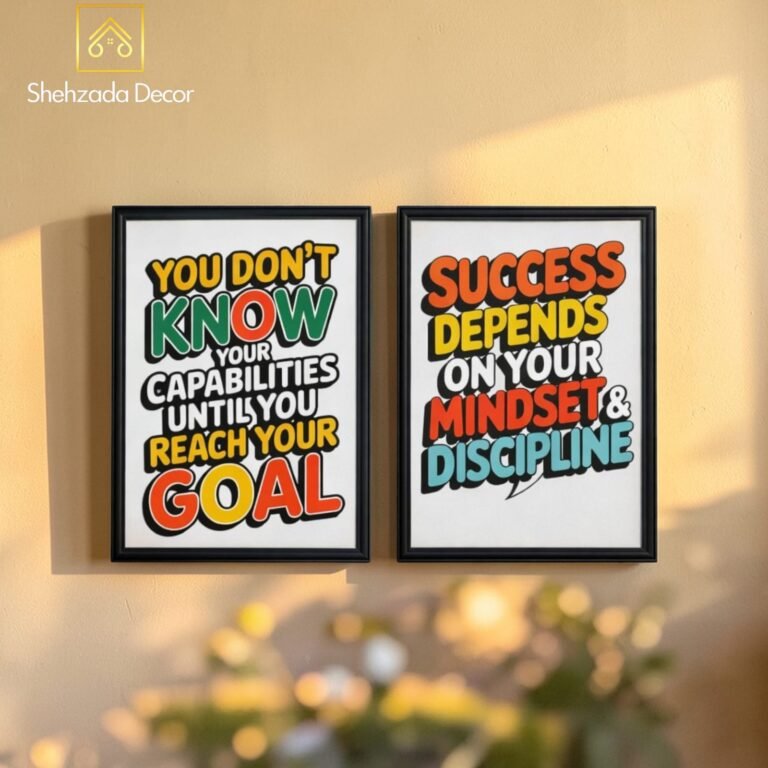 Pack of 2 motivational wooden glass photo frames displayed in modern room interior