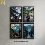 Motorcycle adventure wooden wall frames set of 4 with black borders and mountain scenery wall art for modern room decor in Pakistan
