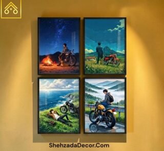 Motorcycle adventure wooden wall frames set of 4 with black border aesthetic bike wall decor for room decoration Pakistan