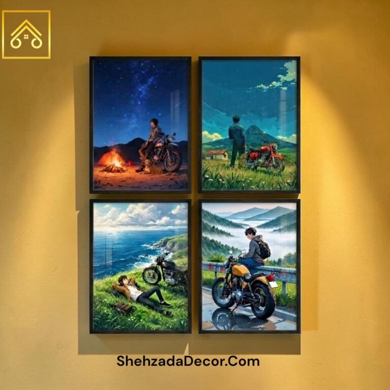 Motorcycle adventure wooden wall frames set of 4 with black border aesthetic bike wall decor for room decoration Pakistan