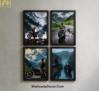 Motorcycle adventure wooden wall frames set of 4 with black borders and mountain scenery wall art for modern room decor in Pakistan
