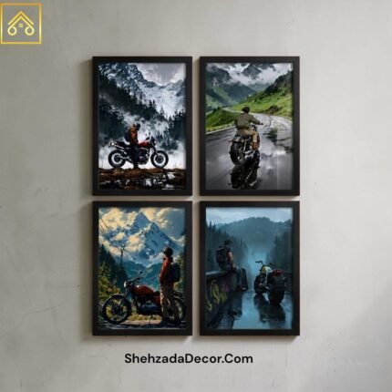 Motorcycle adventure wooden wall frames set of 4 with black borders and mountain scenery wall art for modern room decor in Pakistan