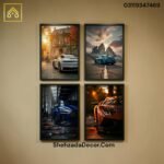 Luxury sports car wooden glass wall frames pack of 4 for bedroom office and gaming room wall decor
