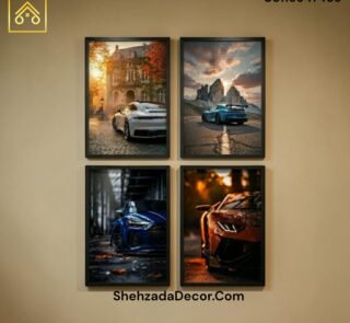 Luxury sports car wooden glass wall frames pack of 4 for bedroom office and gaming room wall decor