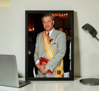 Close up view of Abdul Qadeer Khan portrait frame showing HD print quality wooden border and glass finish option