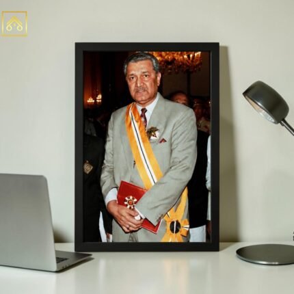 Close up view of Abdul Qadeer Khan portrait frame showing HD print quality wooden border and glass finish option
